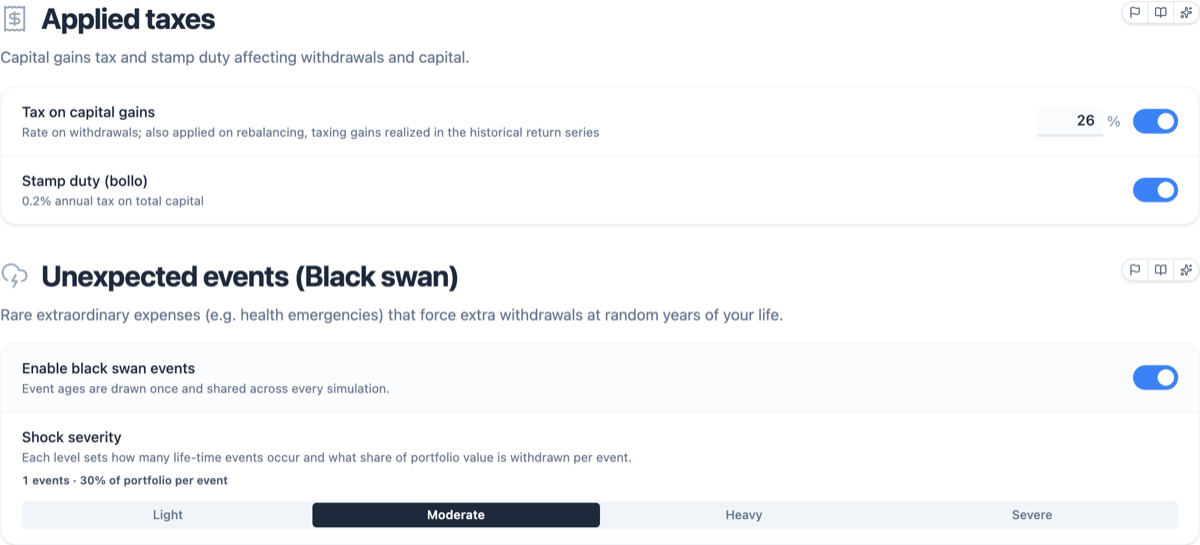 Applied taxes card (capital gains tax, stamp duty) and the Unexpected events card with black swan events enabled and the Light/Moderate/Heavy/Severe severity selector