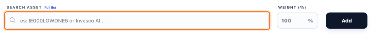 Empty portfolio with the asset search bar, weight field and Add button