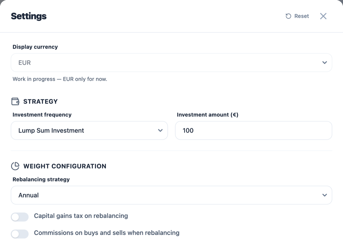 Settings panel with the Strategy card (investment frequency, amount) and Weight Configuration card (rebalancing strategy)
