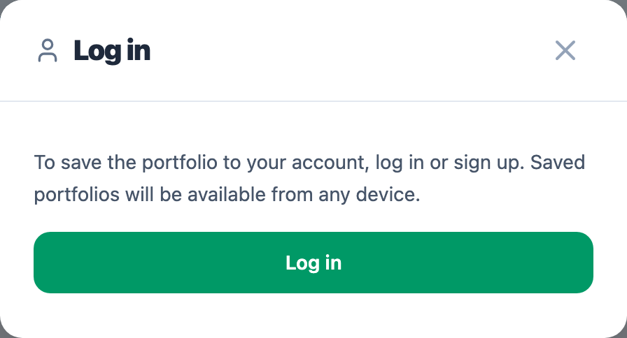Login prompt shown when saving without an account: "To save the portfolio to your account, log in or sign up. Saved portfolios will be available from any device."